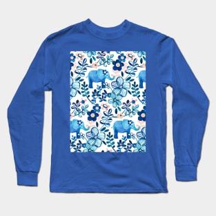 Blush Pink, White and Blue Elephant and Floral Watercolor Pattern Long Sleeve T-Shirt